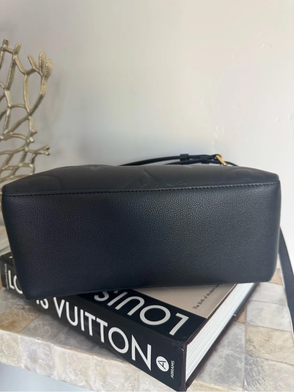Louis Vuitton Black Embossed Monogram Satchel with Gold Hardware